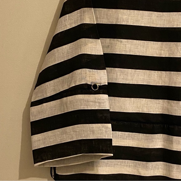 Zara Women’s 100% Linen Size M Tan/Black Round Neck 3/4 Roll Tab Sleeves - Picture 5 of 11